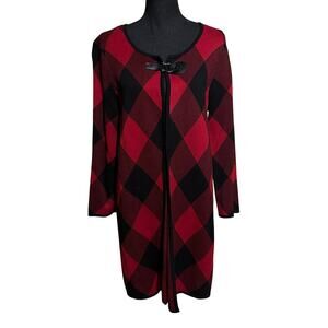 Anne Klein Red and Black Plaid Sweater Duster Women's L Large